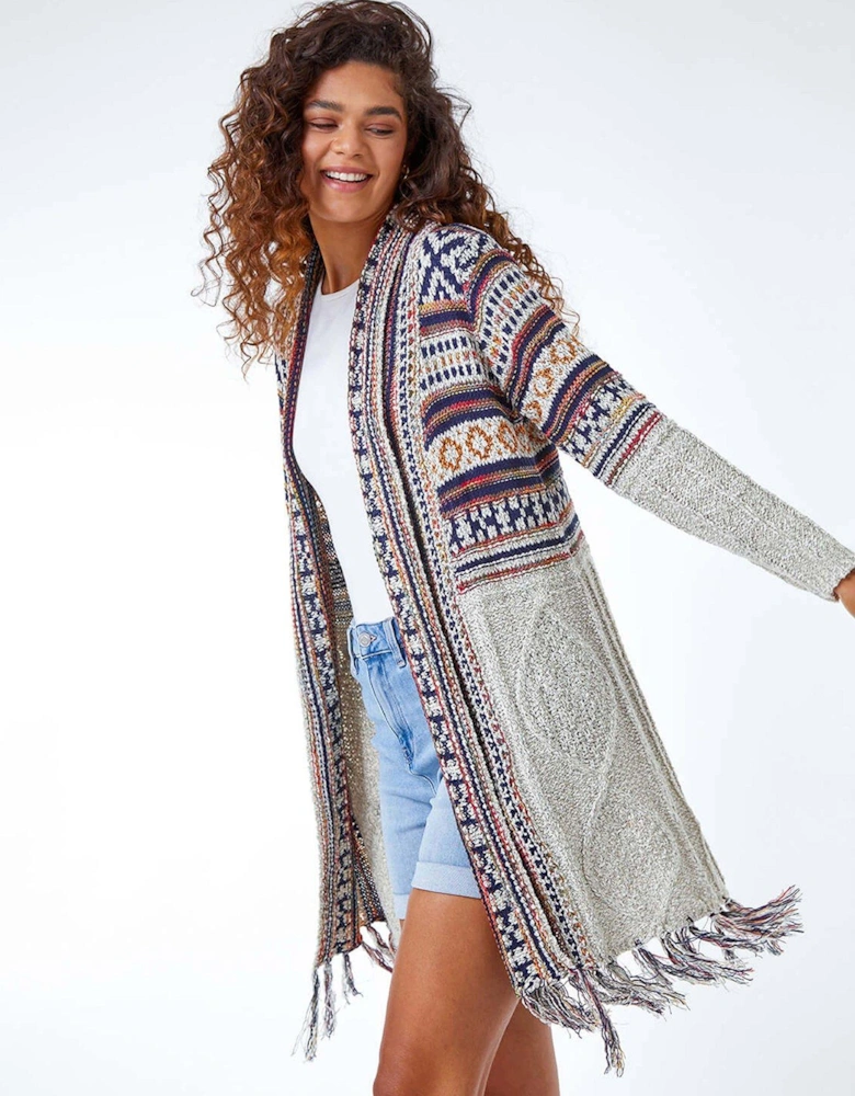 Aztec Print Tassel Hem Longline Cardigan - Natural