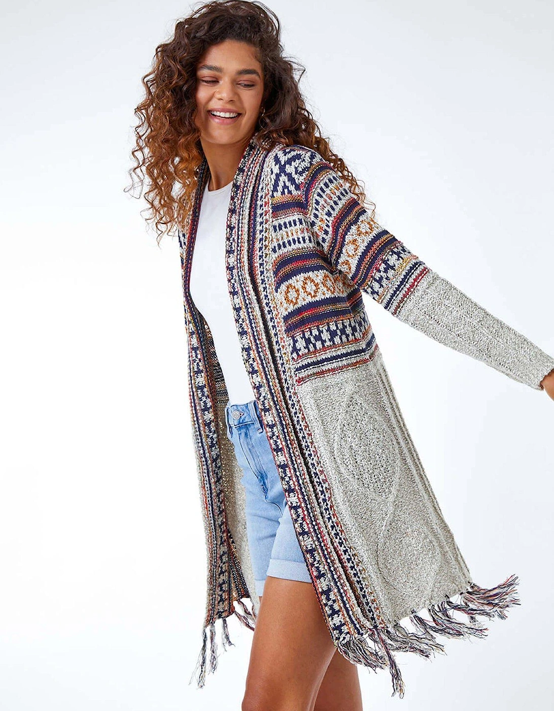 Aztec Print Tassel Hem Longline Cardigan - Natural, 2 of 1