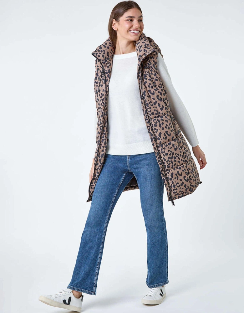 Animal Print Longline Hooded Gilet - Multi