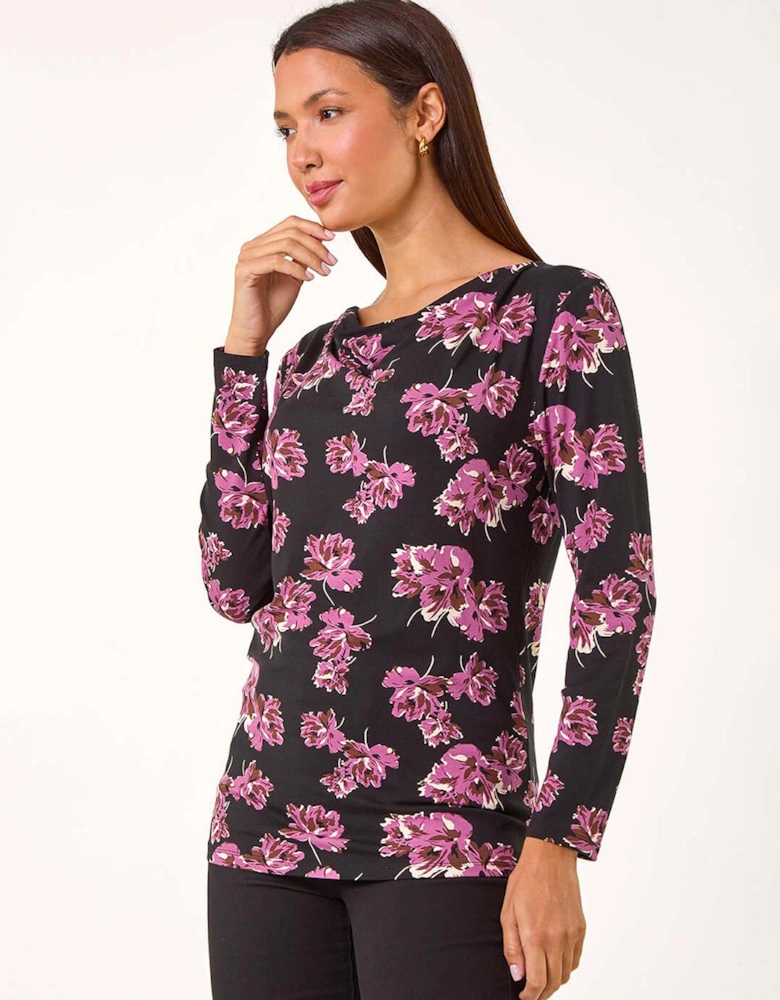 Floral Print Cowl Neck Top - Purple