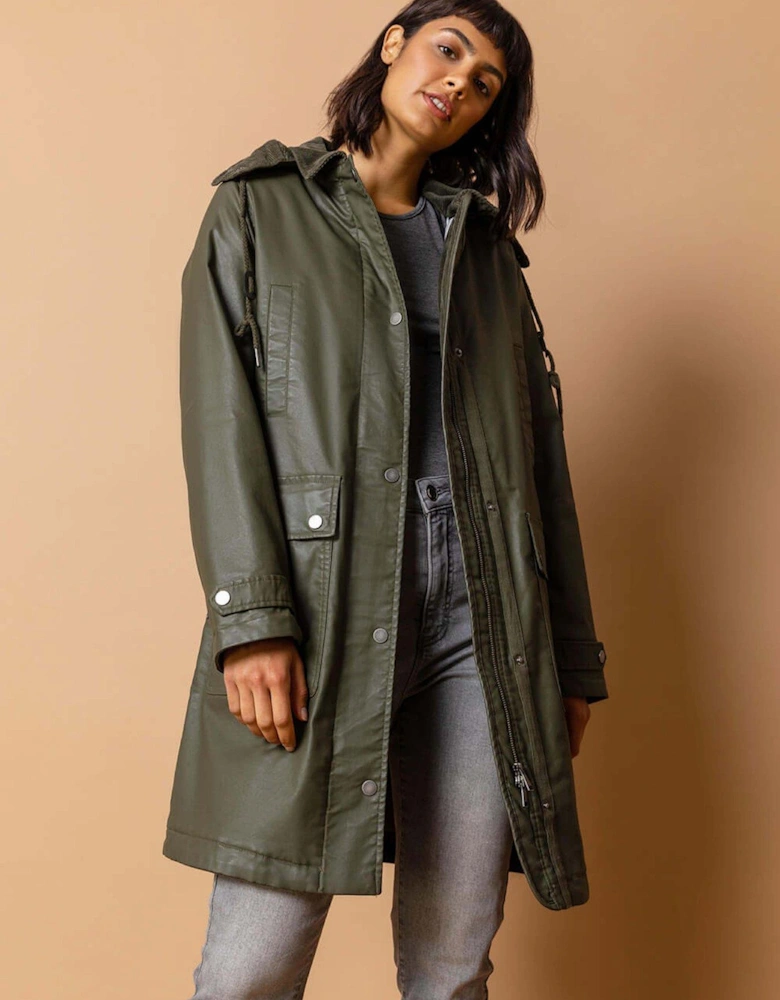 Waxed Longline Hooded Coat - Khaki