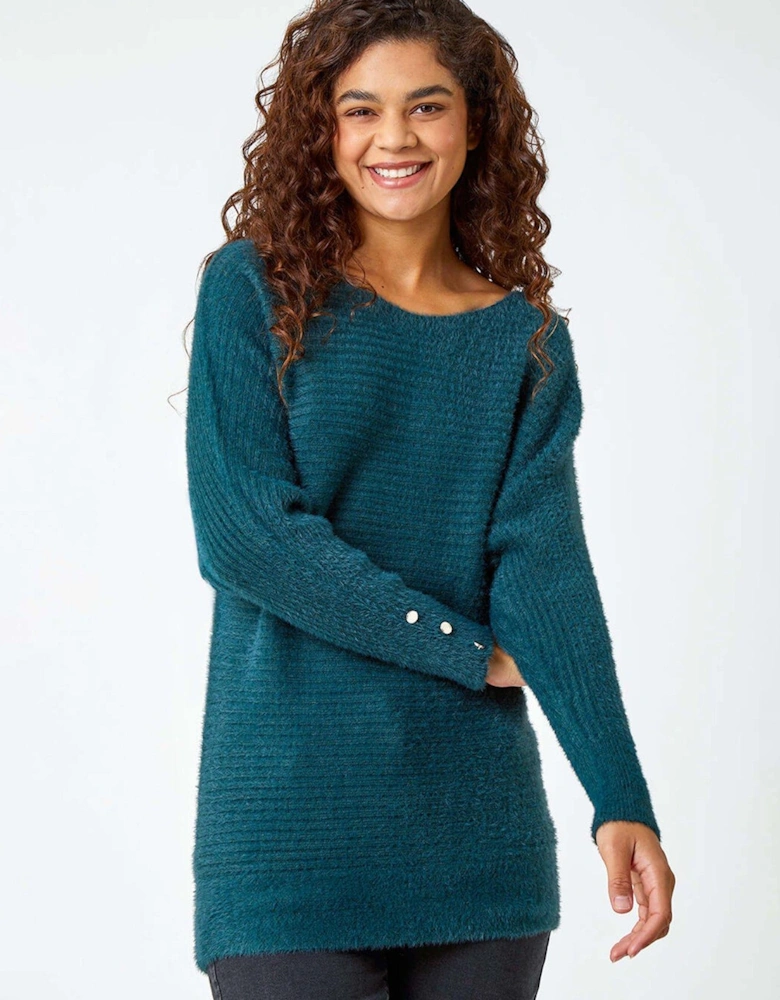 Button Sleeve Fluffy Longline Jumper - Green