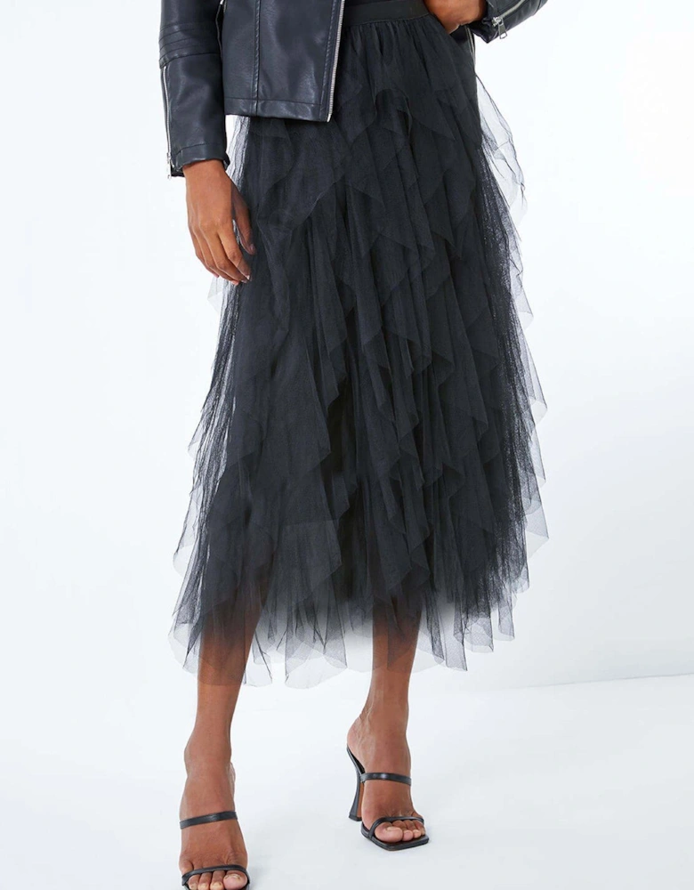 Mesh Layered A Line Skirt - Black