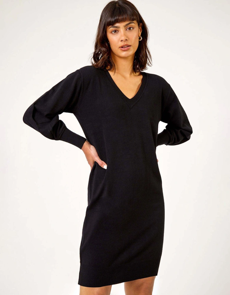 Longline Knitted Jumper Dress - Black