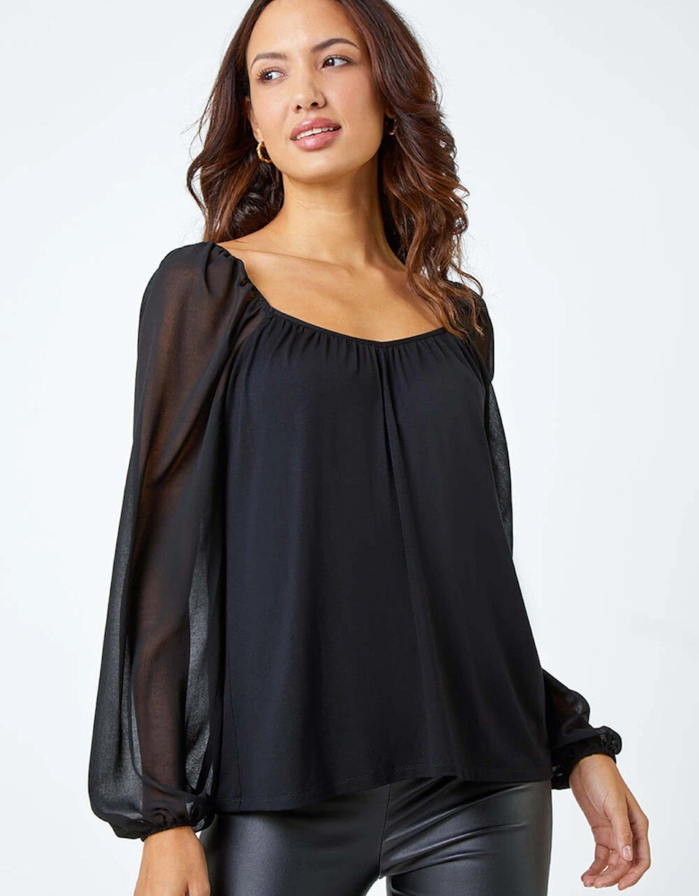 Contrast Chiffon Sleeve Top - Black