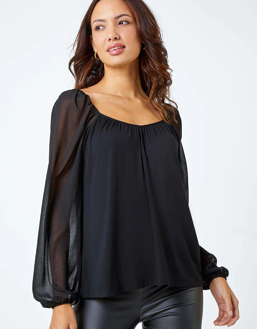 Contrast Chiffon Sleeve Top - Black, 2 of 1