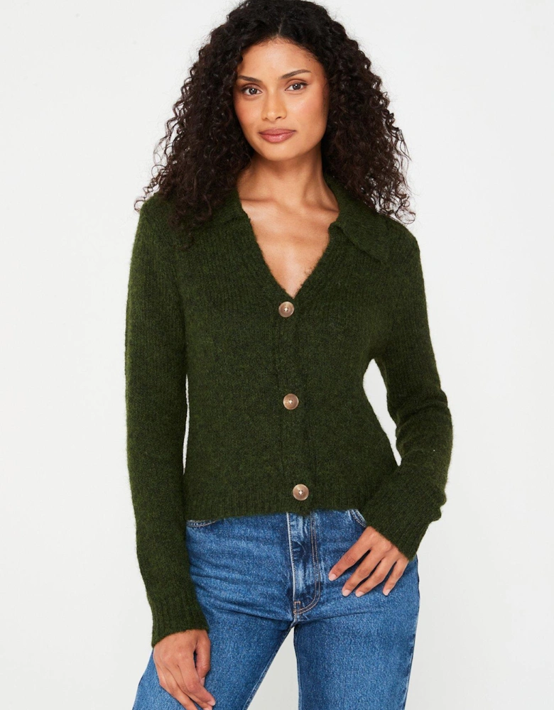 Knitted Collar Cardigan - Green