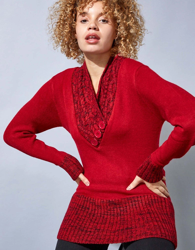 V-neck Overlap Button Detail Jumper - Red