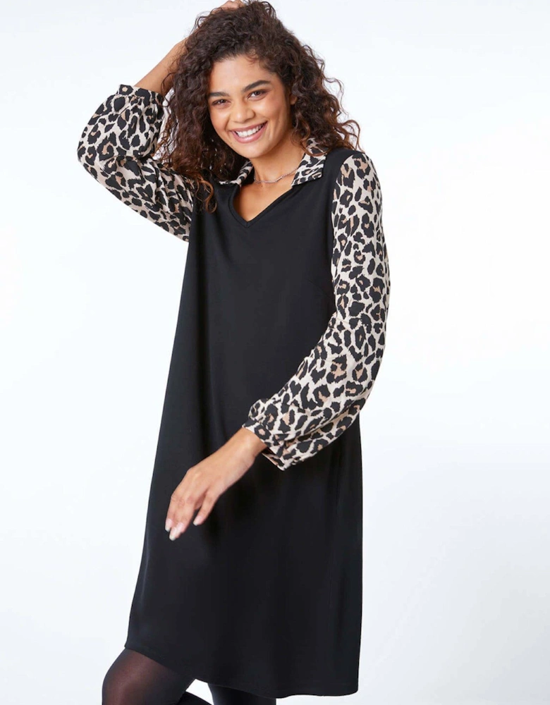 Contrast Leopard Print Swing Dress - Black