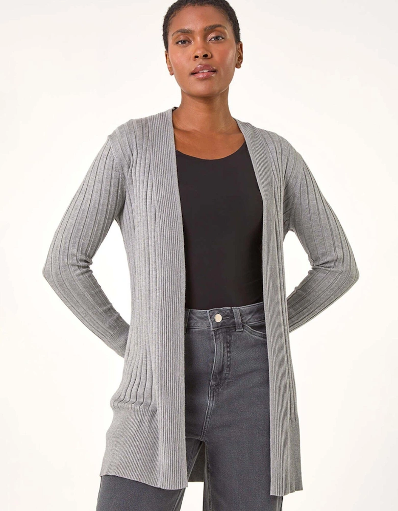 Longline Stretch Ribbed Cardigan - Light Grey