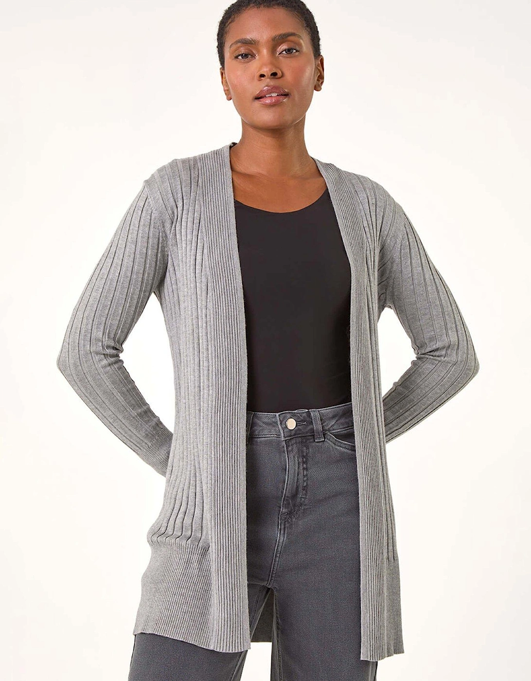 Longline Stretch Ribbed Cardigan - Light Grey, 2 of 1