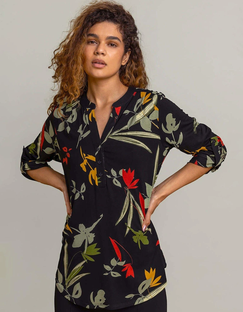 Floral Print Notch Neck Top - Black