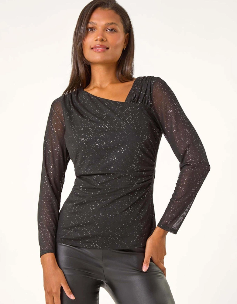 Asymmetric Neck Sparkle Mesh Stretch Top - Black