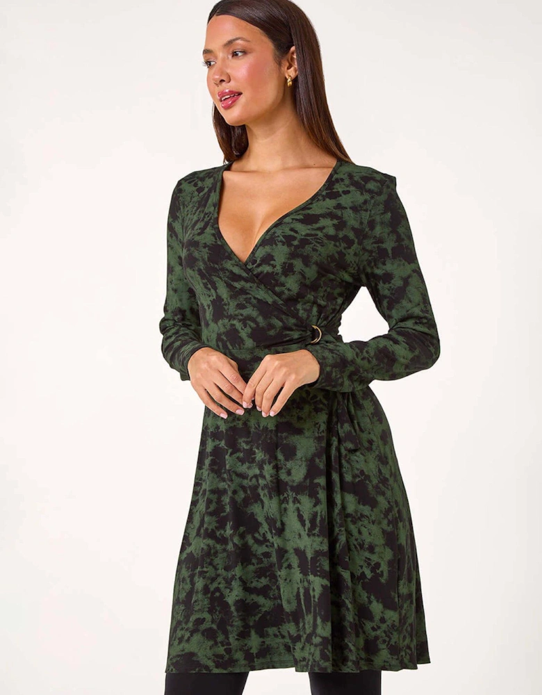 Tie Dye Wrap Detail Stretch Dress - Green