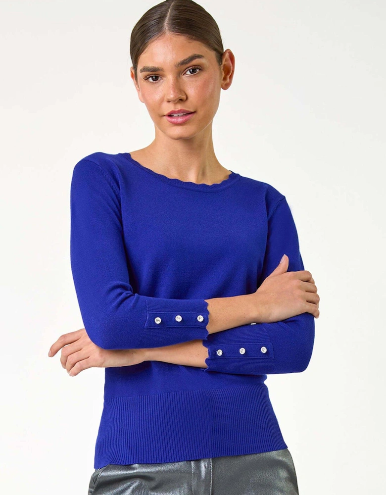 Diamante Button Scallop Edge Jumper - Royal Blue