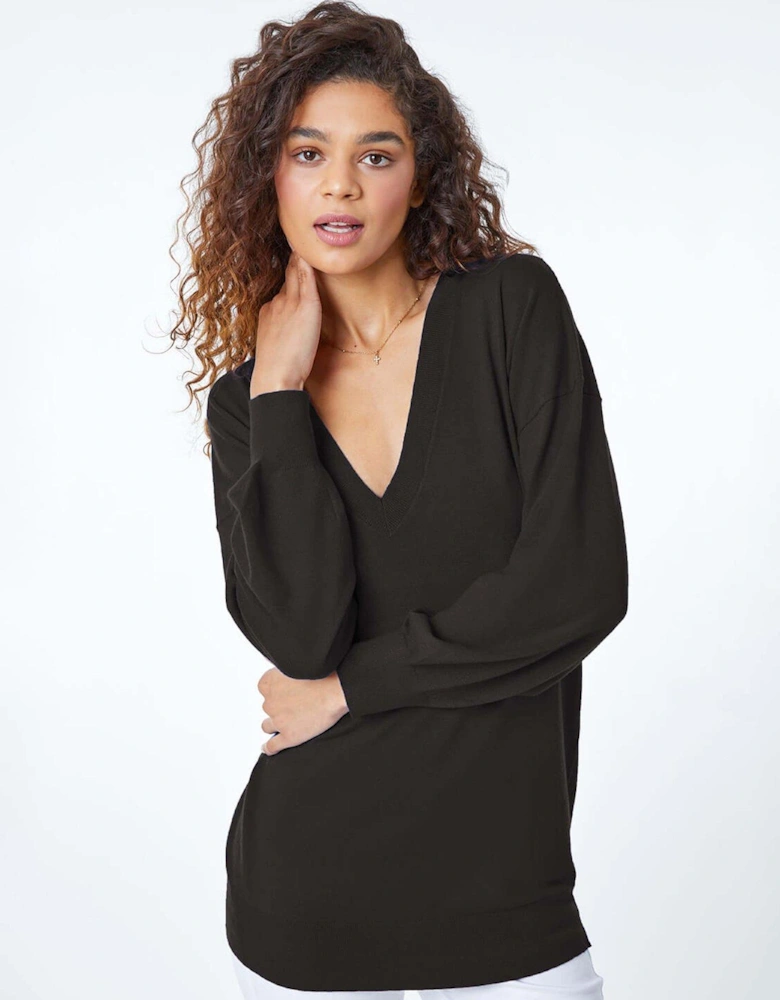 Plain Stretch V-neck Longline Jumper - Black