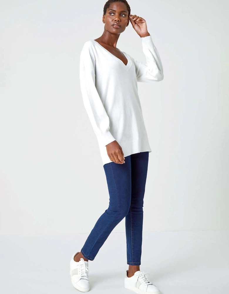 Plain Stretch V-neck Jumper - Ivory