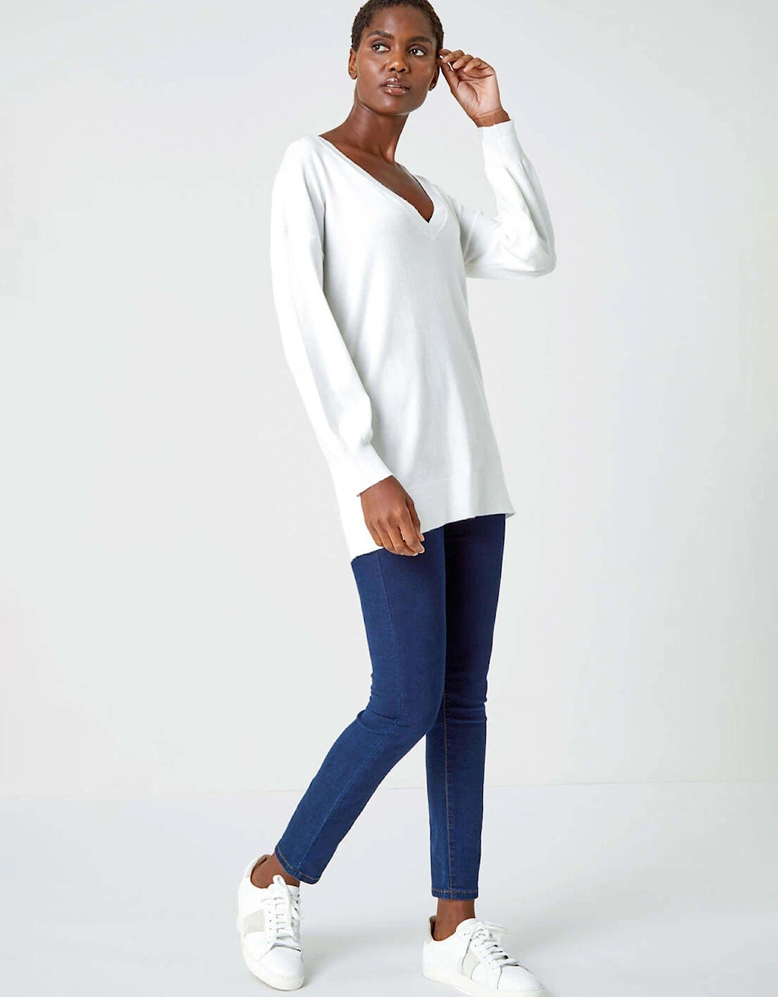 Plain Stretch V-neck Jumper - Ivory, 2 of 1