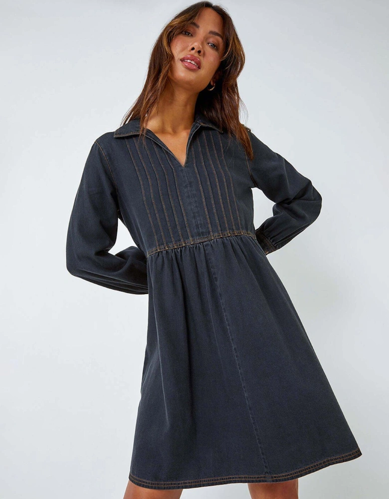 Cotton Blend Denim Shirt Dress - Black