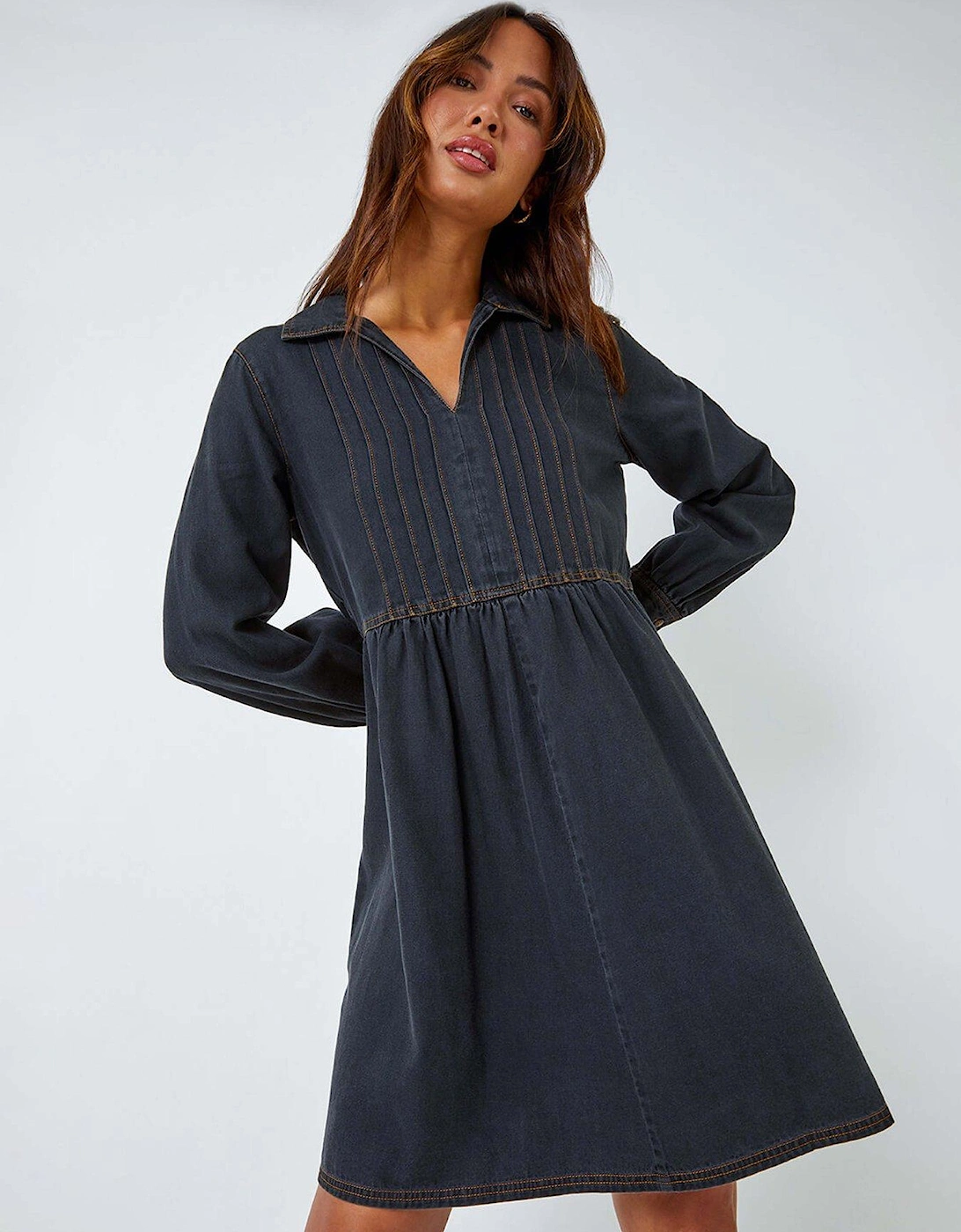 Cotton Blend Denim Shirt Dress - Black, 2 of 1