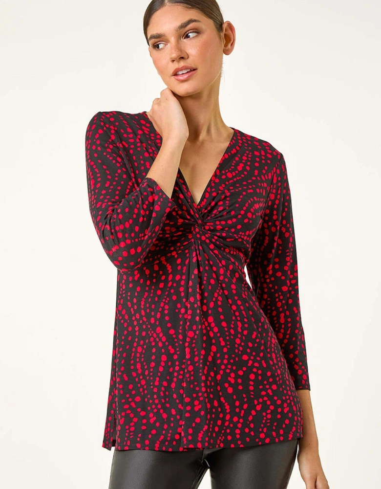 Abstract Spot V-neck Twist Front Top - Red