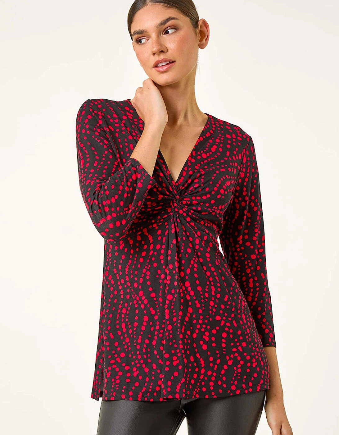 Abstract Spot V-neck Twist Front Top - Red, 2 of 1