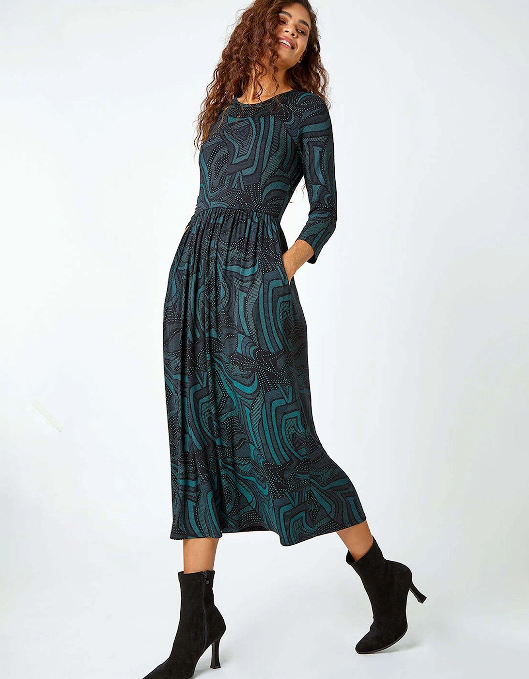 Abstract Print Pocket Midi Stretch Dress - Green, 2 of 1