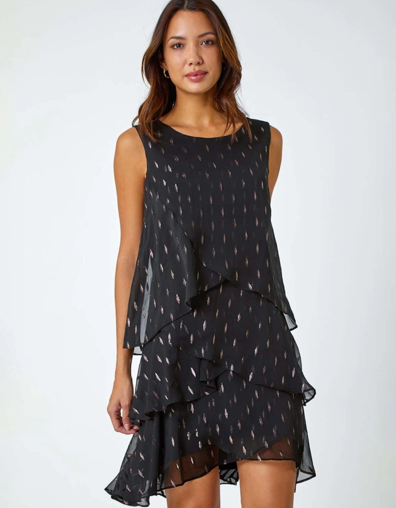 Shimmer Foil Print Tiered Dress - Black