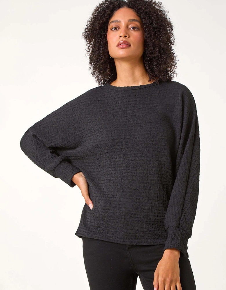 Plain Long Sleeve Textured Jersey Top - Black