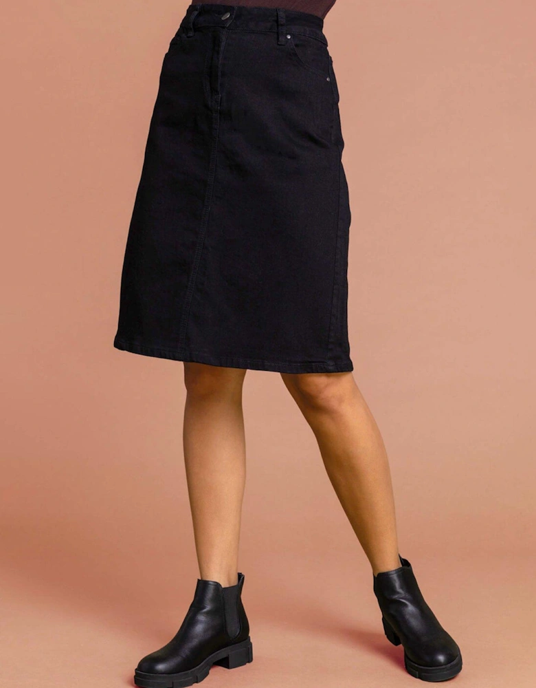 Cotton Denim Stretch A Line Skirt - Black