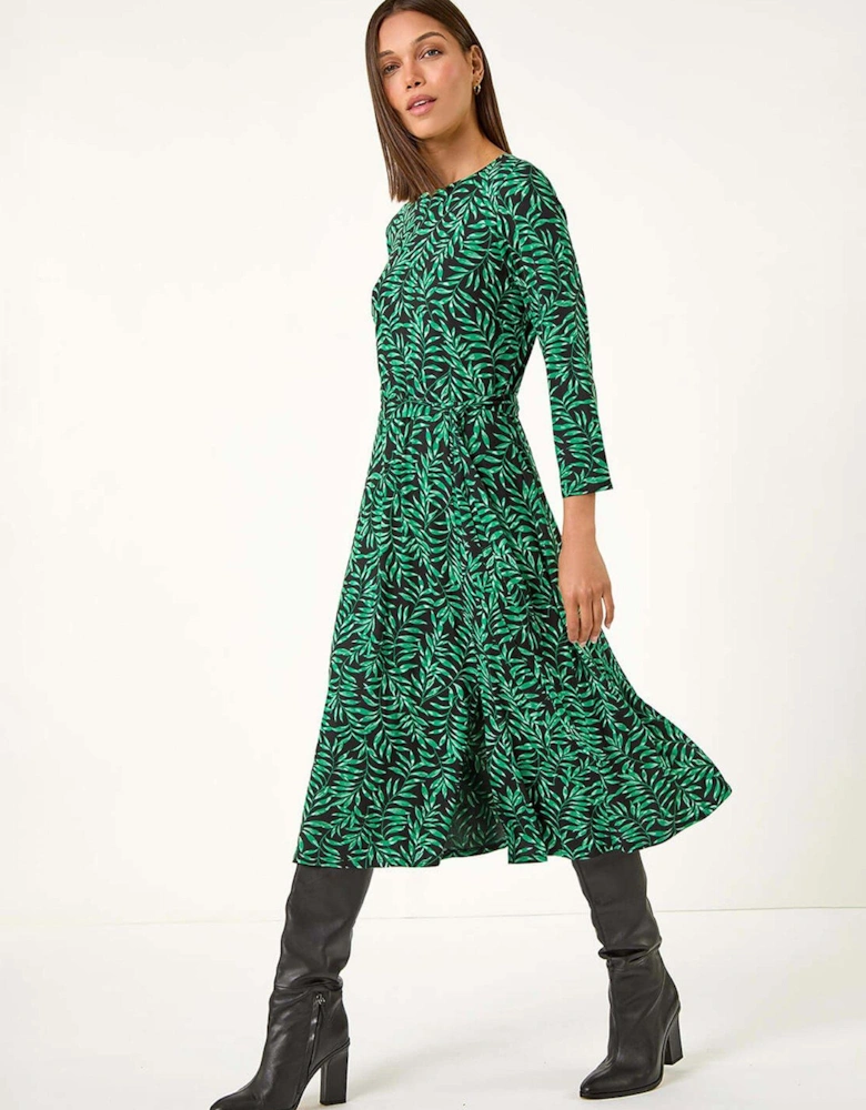 Leaf Print Stretch Belted Dress - Green