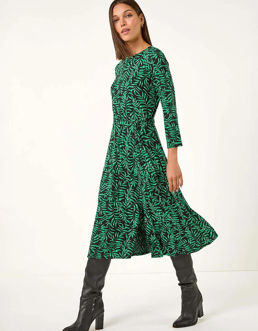 Leaf Print Stretch Belted Dress - Green, 2 of 1