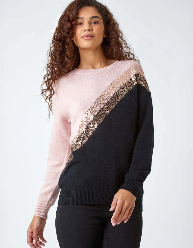 Sequin Embellished Colourblock Jumper - Black