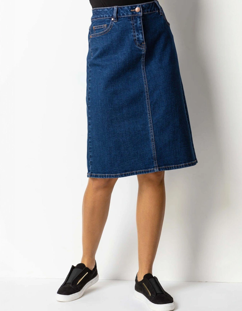 Cotton Denim Stretch A Line Skirt - Indigo