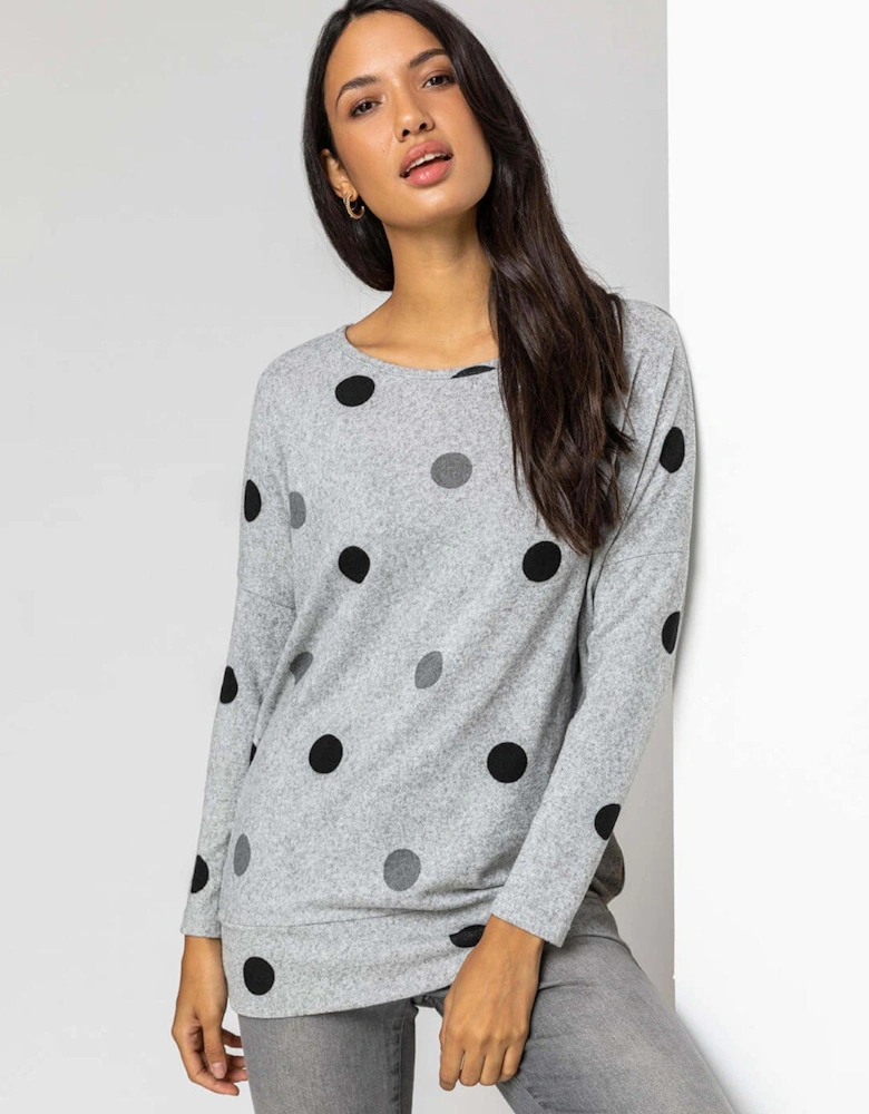 Polka Dot Blouson Long Sleeve Jersey Tunic Top - Grey