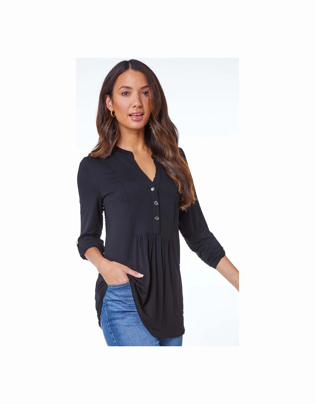 Plain V-neck Button Detail Tunic Top - Black, 2 of 1