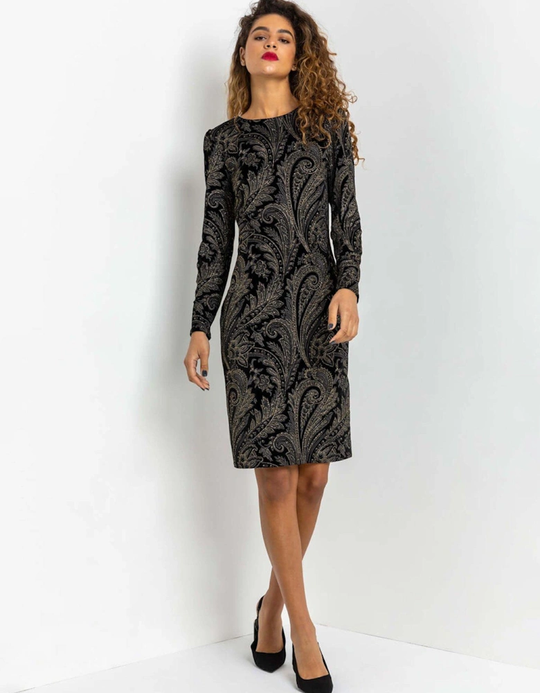 Shimmer Paisley Velvet Shift Dress - Black