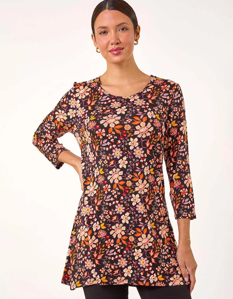 Floral Print Jersey Tunic Top - Orange