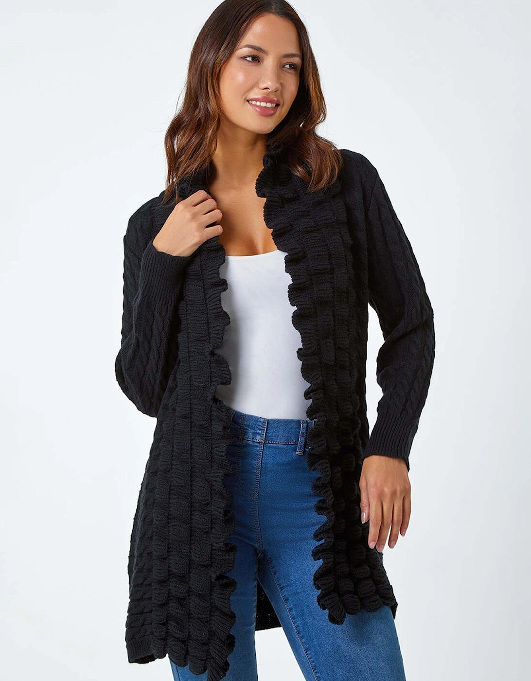 Longline Ruffle Detail Cardigan - Black, 2 of 1