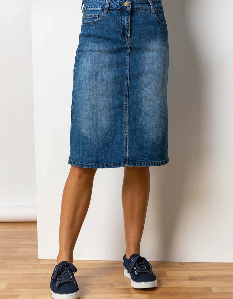 Cotton Denim Stretch A Line Skirt - Denim