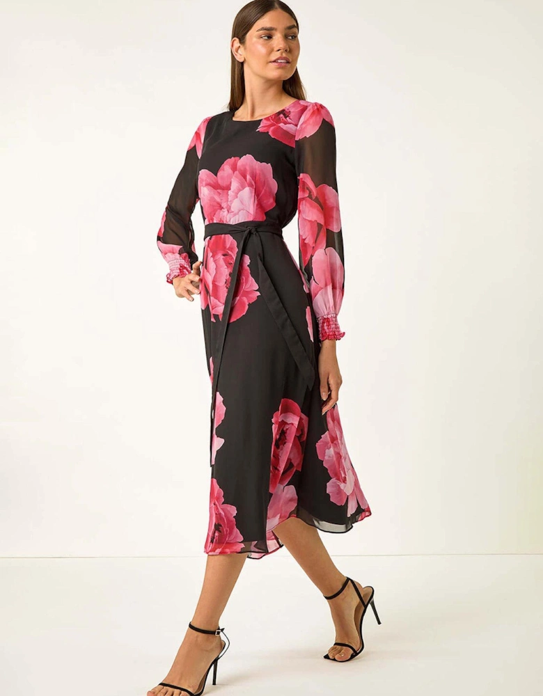 Floral Chiffon Tie Midi Dress - Pink