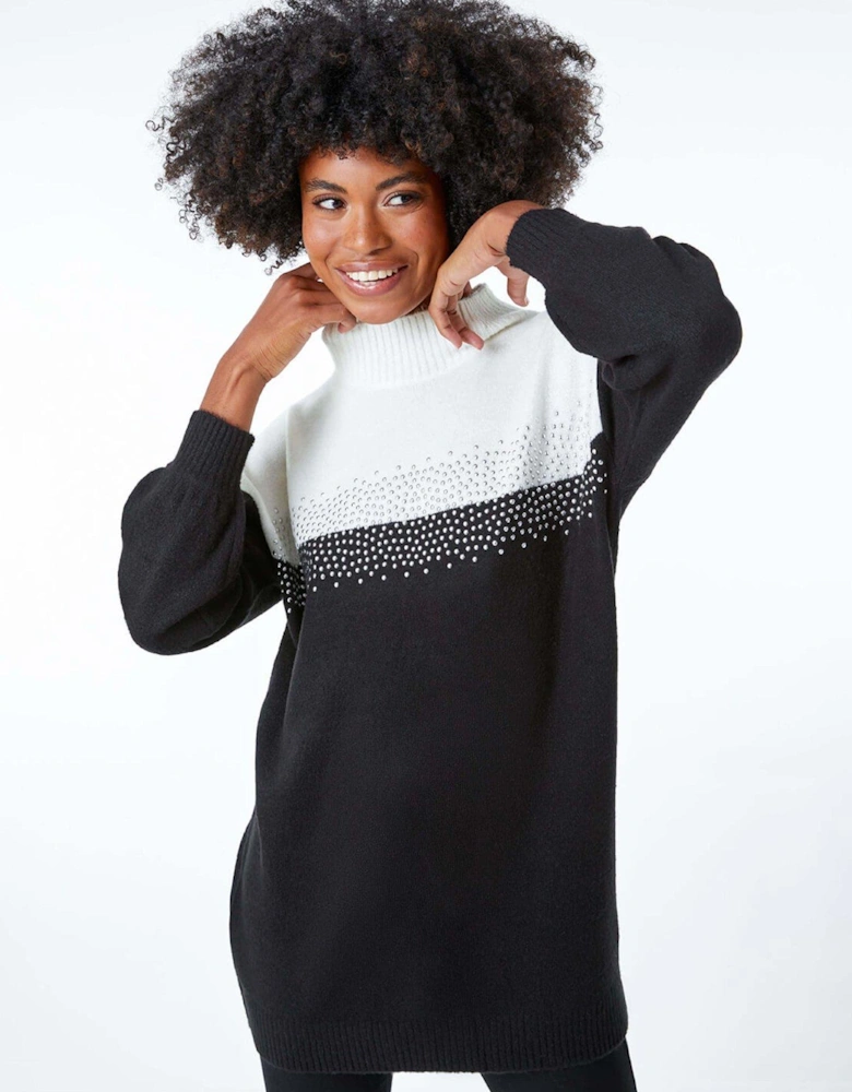 Colourblock Embellished Longline Jumper - Black