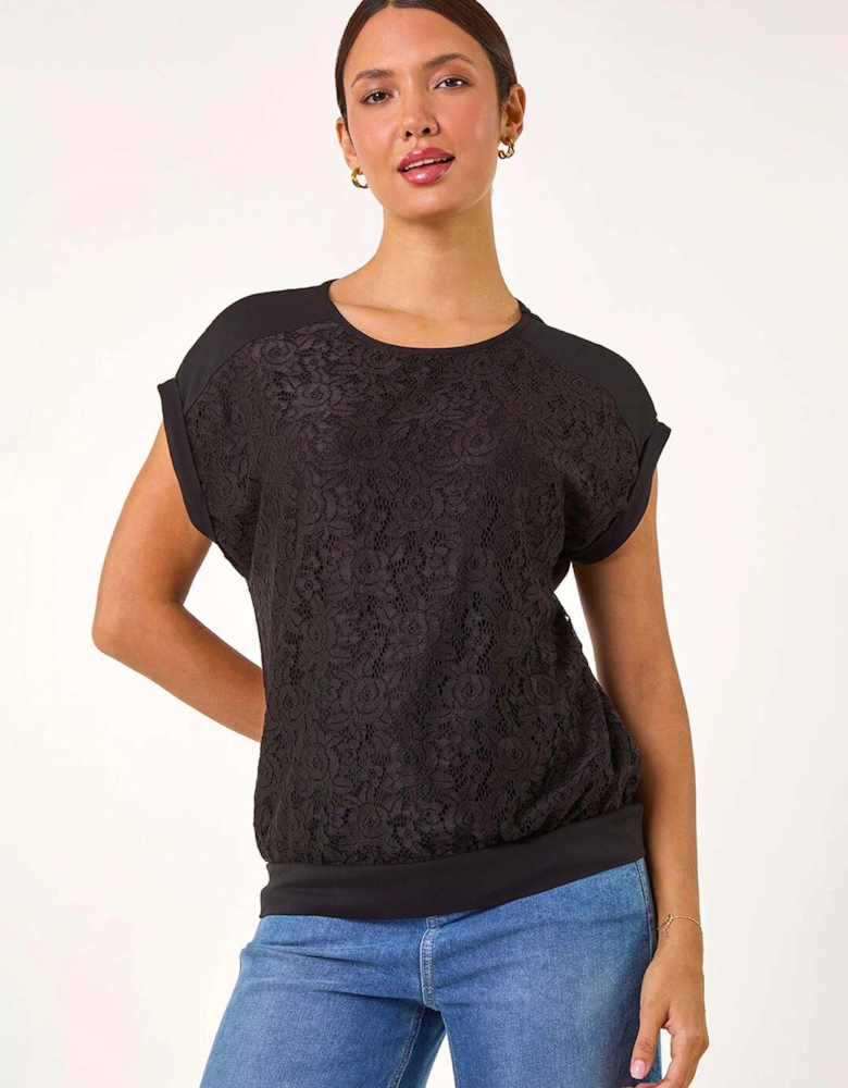 Lace Front Stretch Jersey Top - Black