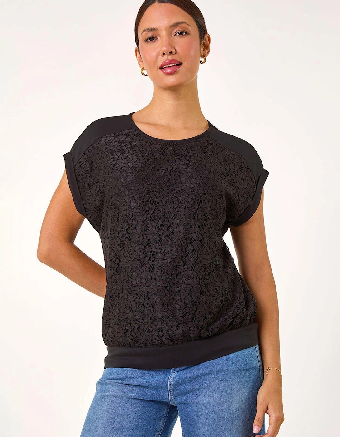 Lace Front Stretch Jersey Top - Black, 2 of 1