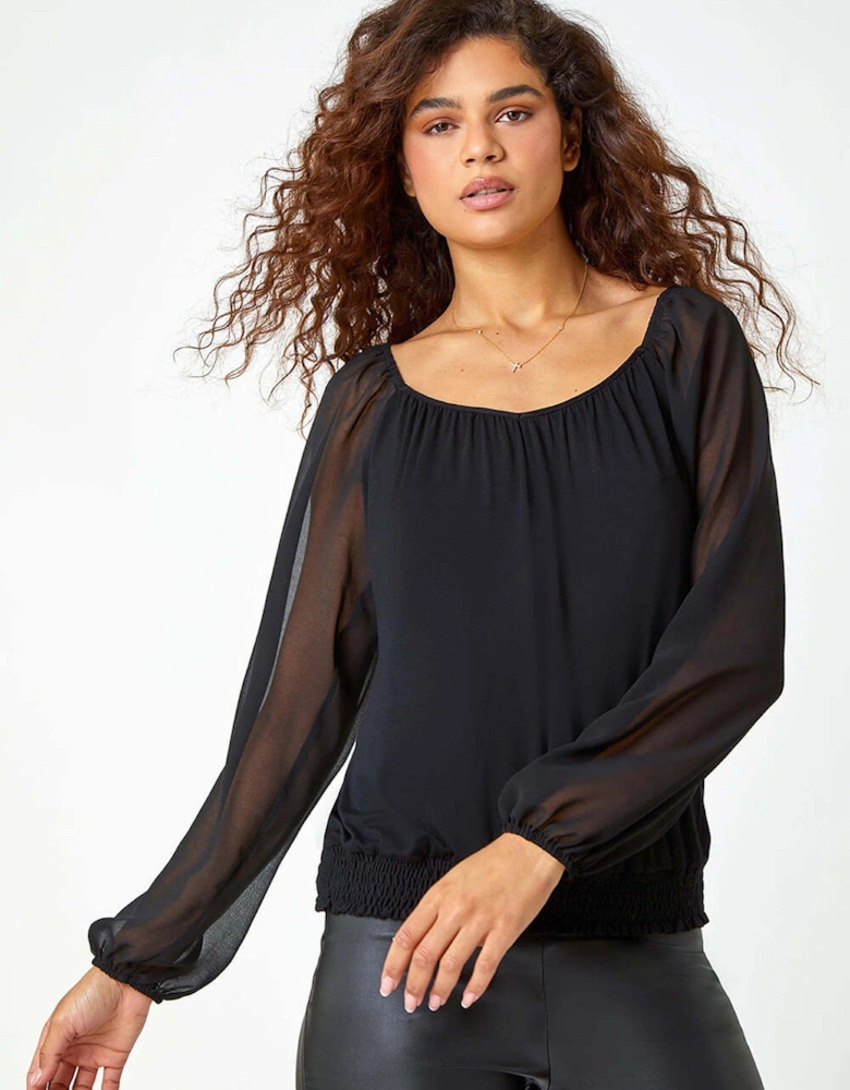 Chiffon Sleeve V-neck Bubble Hem Stretch Top - Black