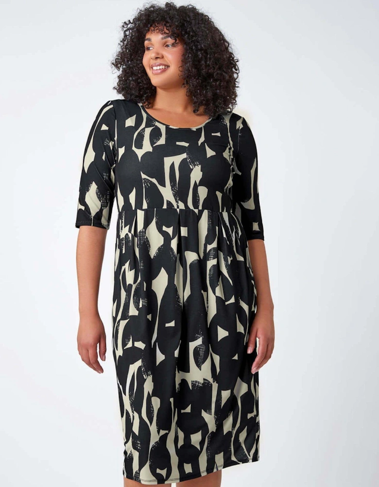 Curve Abstract Print Stretch Shift Dress - Black