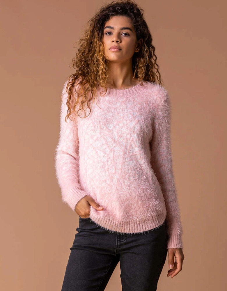 Mosaic Print Fluffy Jumper - Light Pink