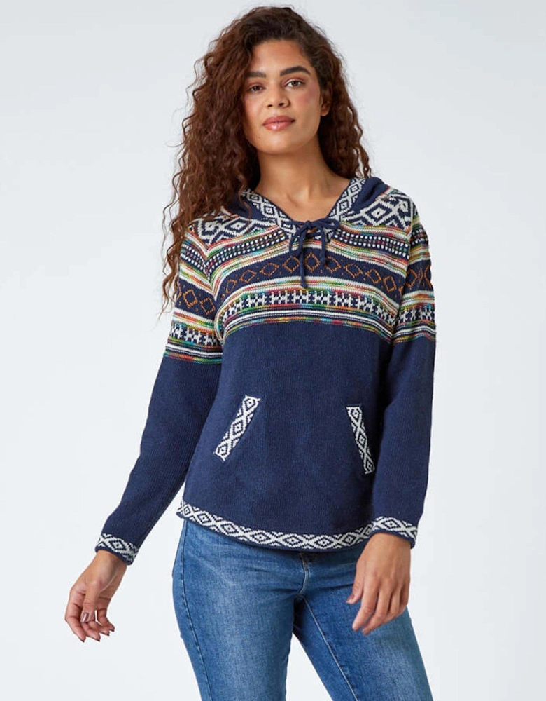 Nordic Print Hooded V-neck Jumper - Midnight Blue