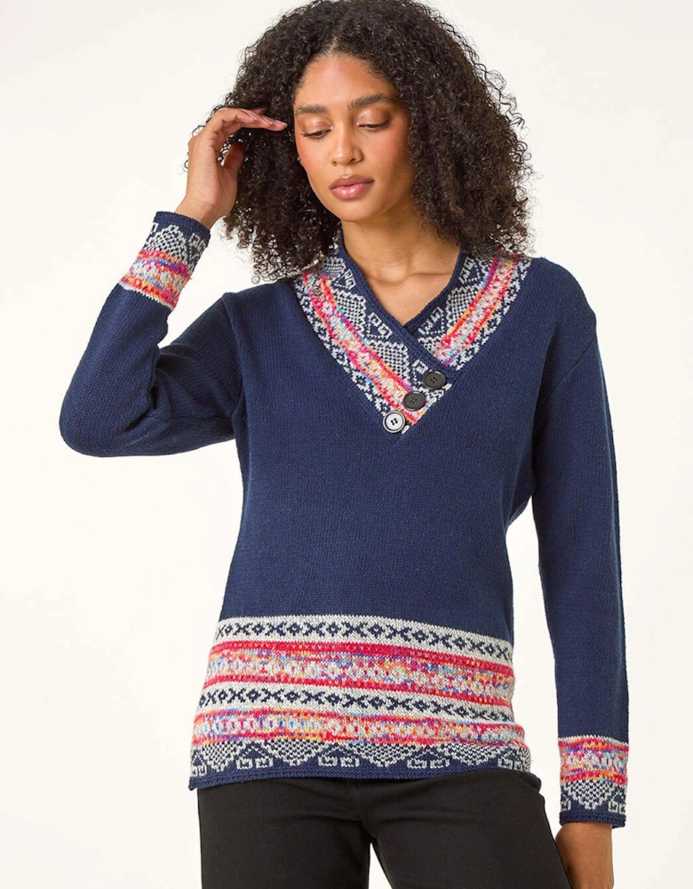 Nordic Print Button Detail Jumper - Midnight Blue