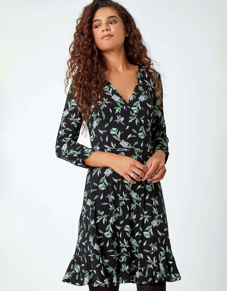 Leaf Print Frill Hem Wrap Stretch Dress - Black